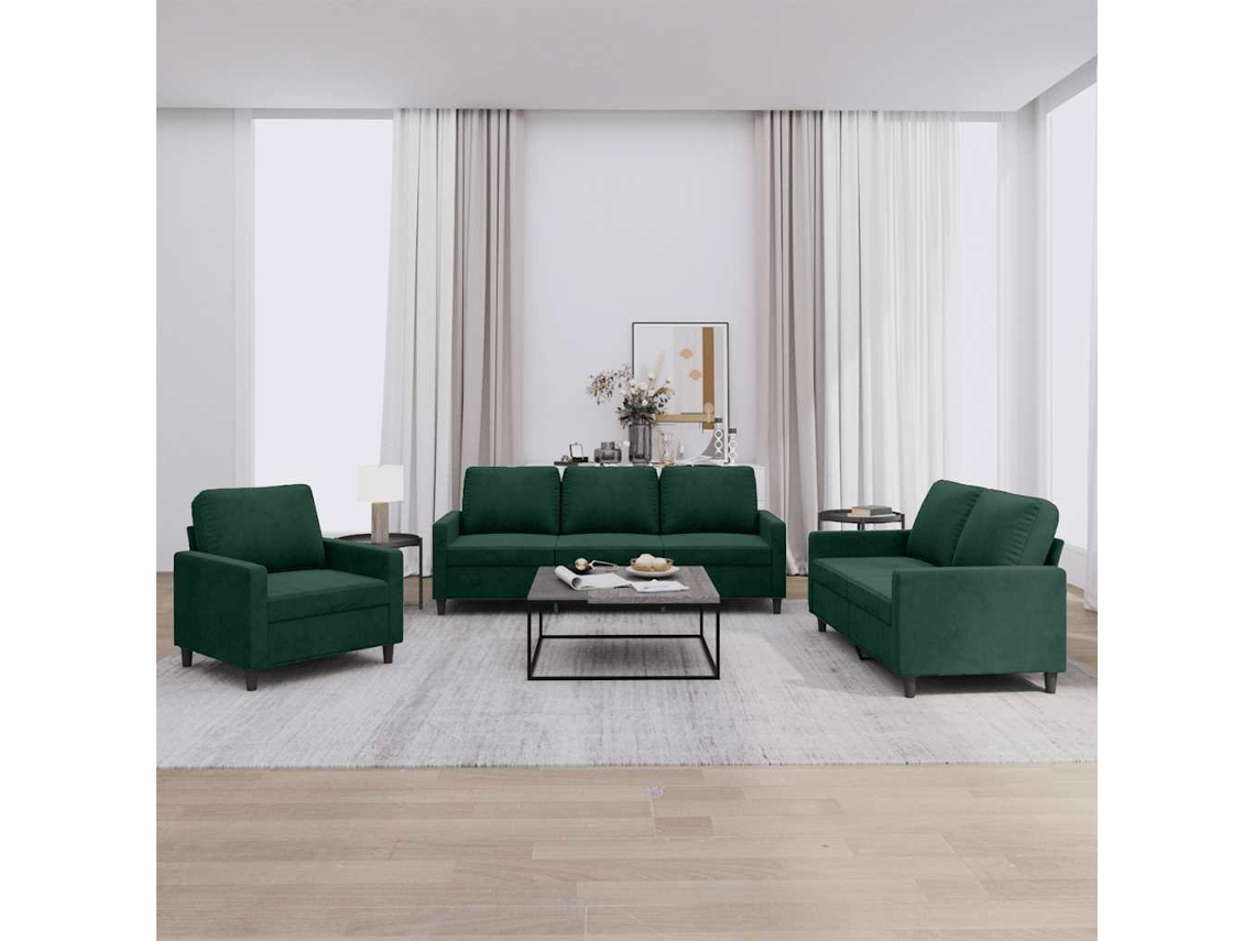 Vidaxl 3 Pcs Conjunto De Sofás Com Almofadões Veludo Verde-escuro