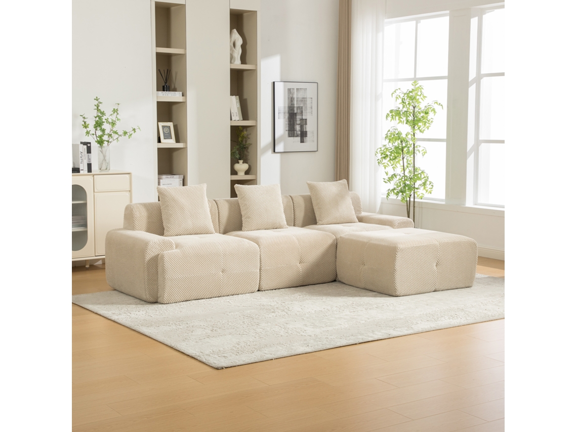 Sofá Modular Comprimido Em Chenille Com Espuma De Alta Densidade 30d, Confortável E Antiderrapante, Sala, Bege Claro