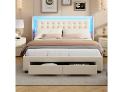 Cama De Casal Grande Com Armazenamento Hidráulico E Led, 180x200cm, Armazenamento Duplo + Cabeceira Em Veludo Bege, Fita Led Rgb, Estilo Nórdico