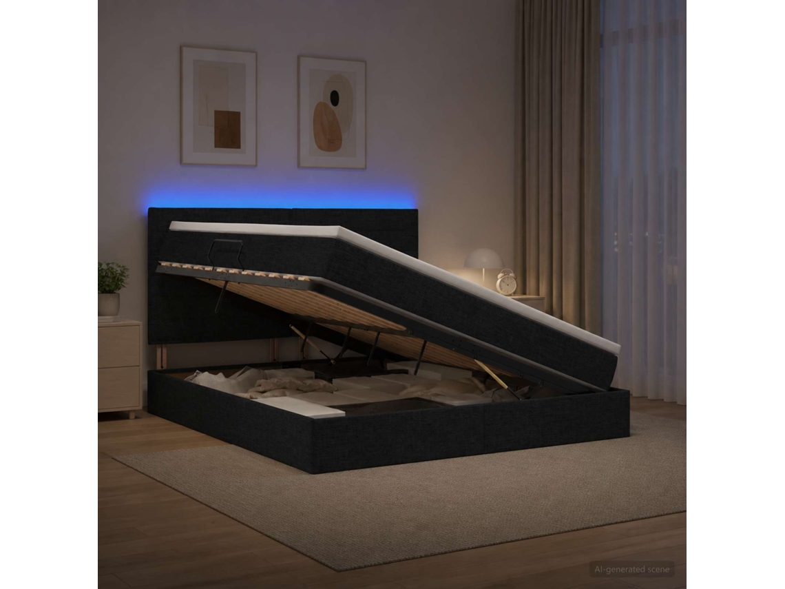 Vidaxl Cama De Armazenamento Led Com Colchão Preto 180 X 200 Cm Tecido