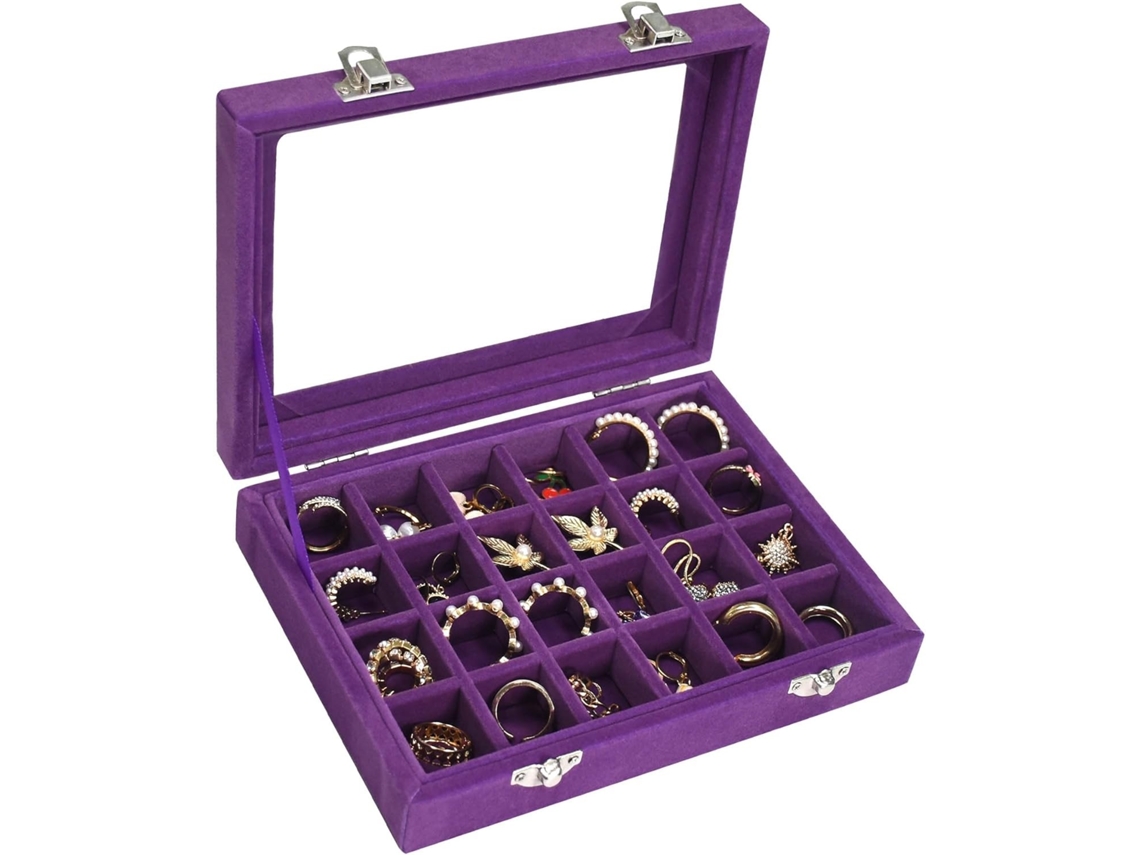 Caixa De Joias Transparente Com 24 Compartimentos, 24 Grades, Roxo, Veludo Elysve