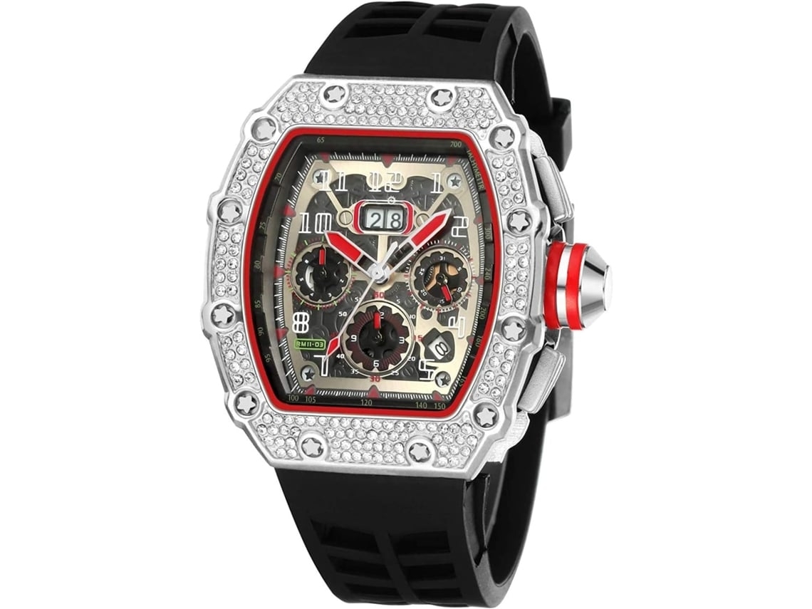MenS Bling Punk Diamond Cronógrafo Pulseira de Silicone Relógio de Pulso Desportivo