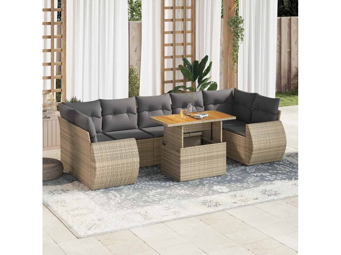 Vidaxl 8 Pcs Conjunto De Sofás P/ Jardim Com Almofadões Vime Pe Bege