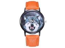 Relógio analógico masculino com mostrador em formato de cabeça de animal e pulseira ultrafina de PU laranja.