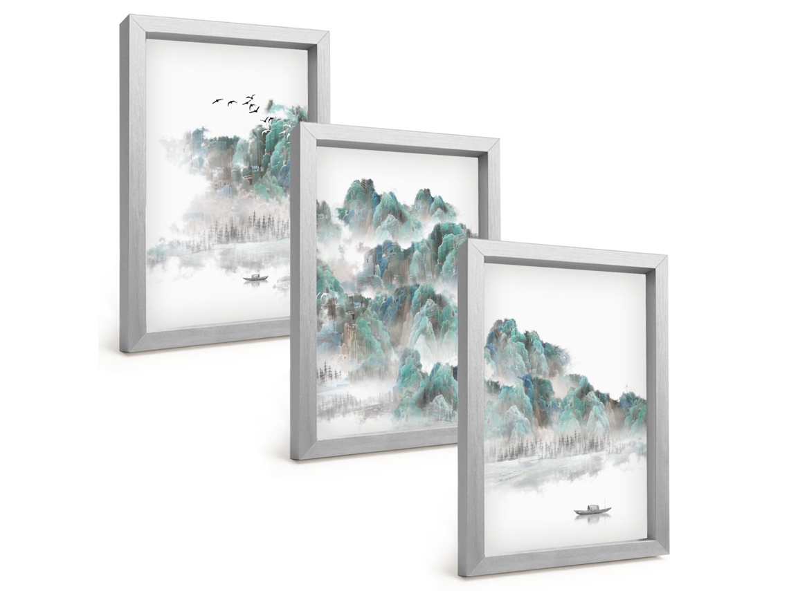 Pinturas Murais Modernasmontanhas Nuvens Pássaros Barco Japão Moldura Prateada Fotos Para O Corredor Espelharte (3 Peças 20x30 Cm)