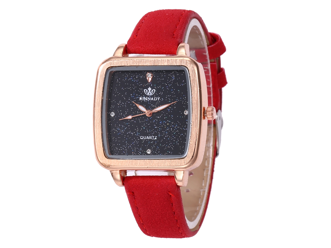 Relógio de quartzo com pulseira de couro PU, mostrador quadrado moderno e pulseira vermelha.