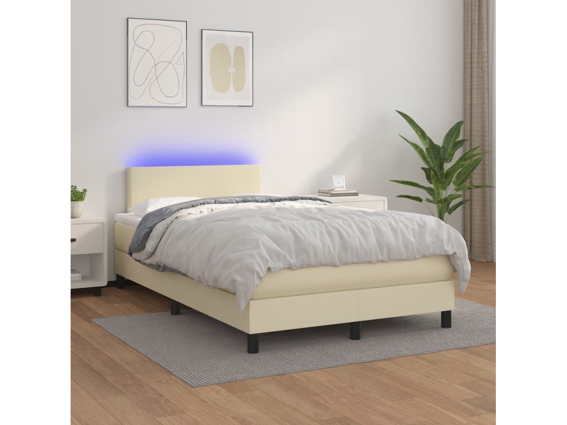 Vidaxl Cama Box Spring C/ Colchão/led 120x200cm Couro Artificial Creme