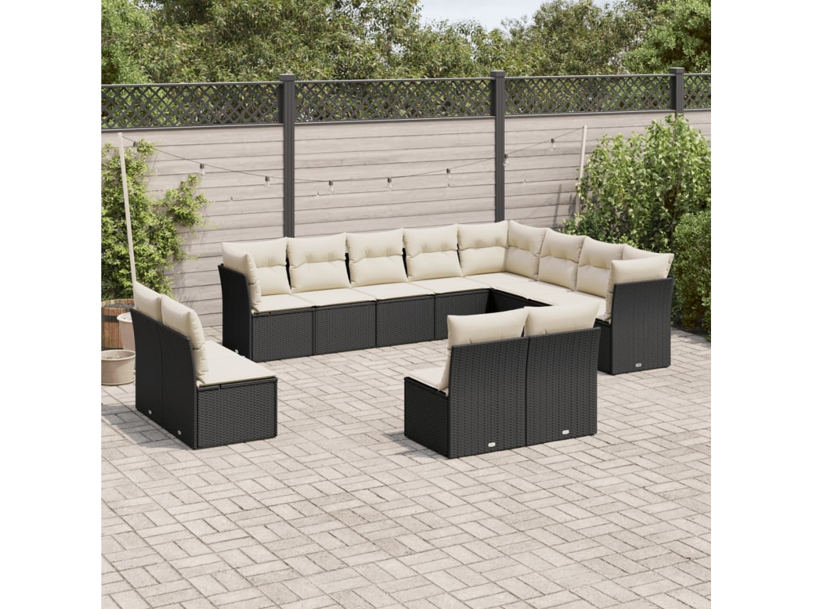 Conjunto de Sofá de Jardim 12 Peças C/ Almofadões Vime Pe Preto Dkd Home Decor