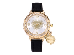 Relógio de Pulseira Feminino com Pingente Coração e Pedras Strass em Couro Pu Preto