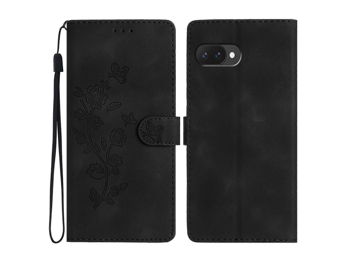 Capa De Couro Com Estampa De Flores E Alça De Pulso Para Google Pixel 9a - Preto