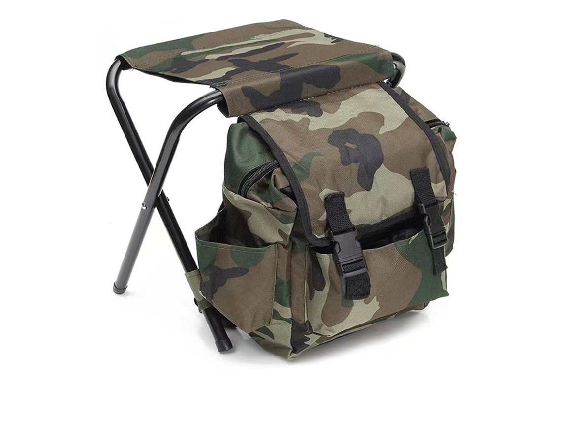 Mochila dobrável com cadeira, confeccionada em tecido Oxford 600D com reforço em aço e grande capacidade de armazenamento, ideal para pesca e camping.