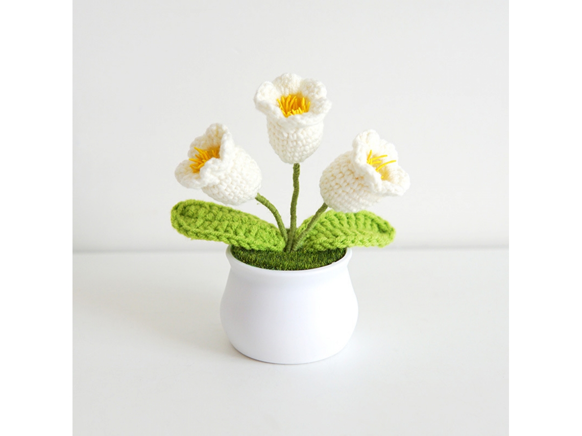 Planta Artificial Verde em Vaso, com Flores de Tricô em Formato de Rosa . AQUAFORGE (1 Peça)