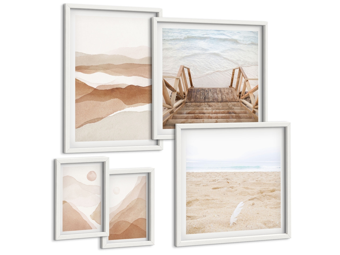 Conjunto De Pinturas Paisagem De Montanha, Lago, Píer Moldura Branca Imagens Para Um Quarto Infantil Espelharte (conjunto De 5 Imagens)