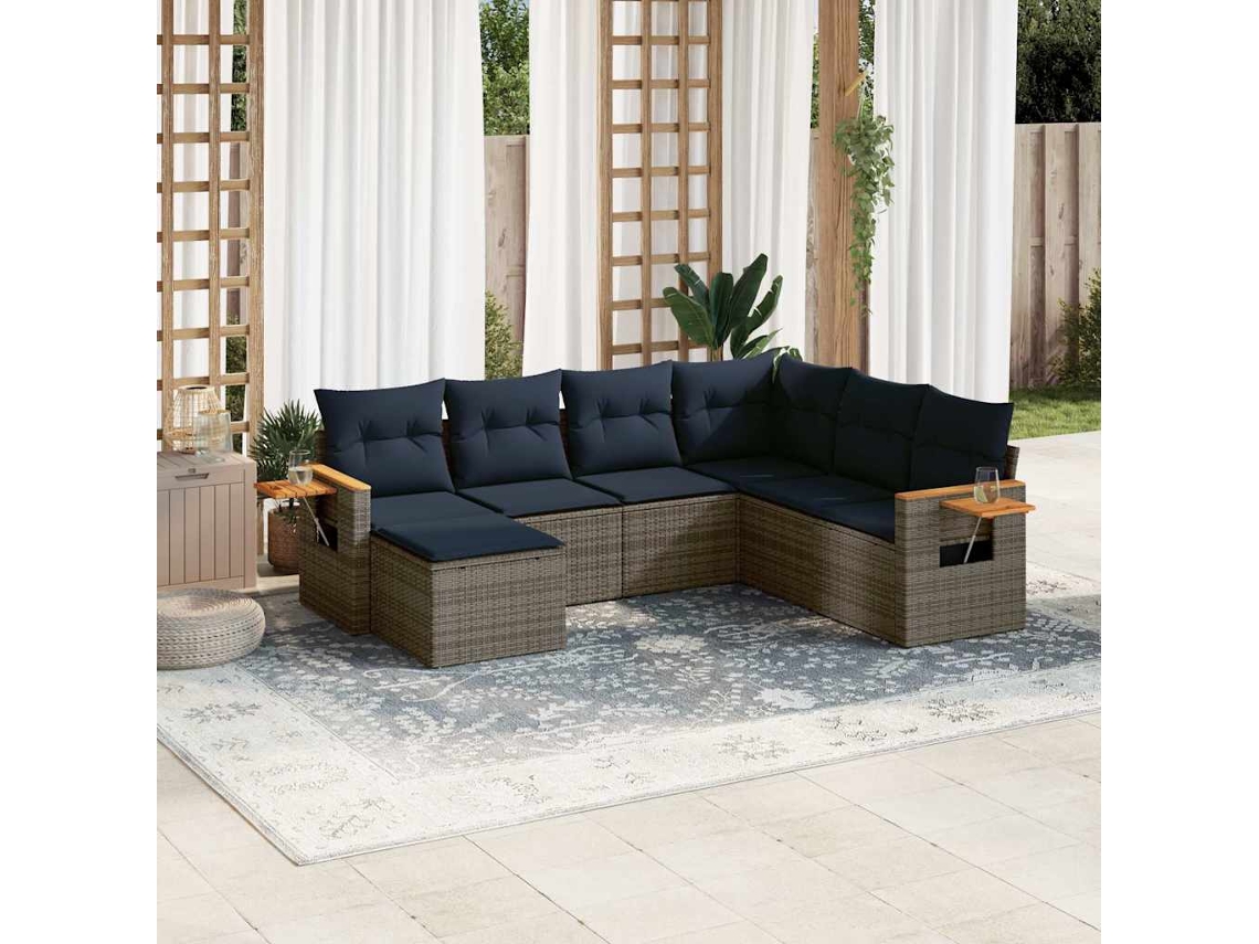 Vidaxl 7 Pcs Conjunto Sofás P/ Jardim C/ Almofadões Vime Pe Cinzento