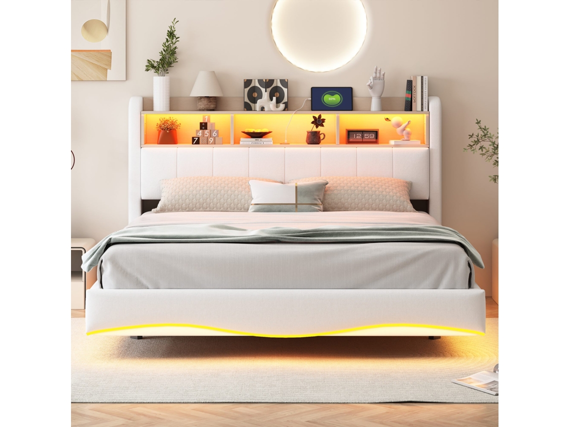 Cama Suspensa 160x200 Cm Cama Multifuncional Com Led, Usb E Type C Bege Mobrio