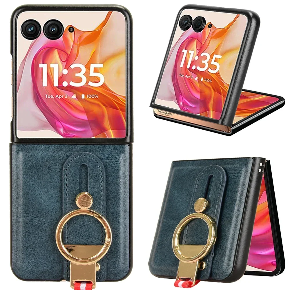 (azul, Motorola Razr 2024) Capa De Couro De Luxo Para Pulseira Executiva Com Abridor De Anel