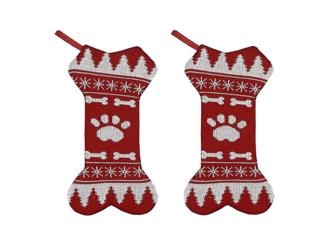 Meias personalizadas de lã vermelha em formato de osso para cães, perfeitas para decoração de Natal.
