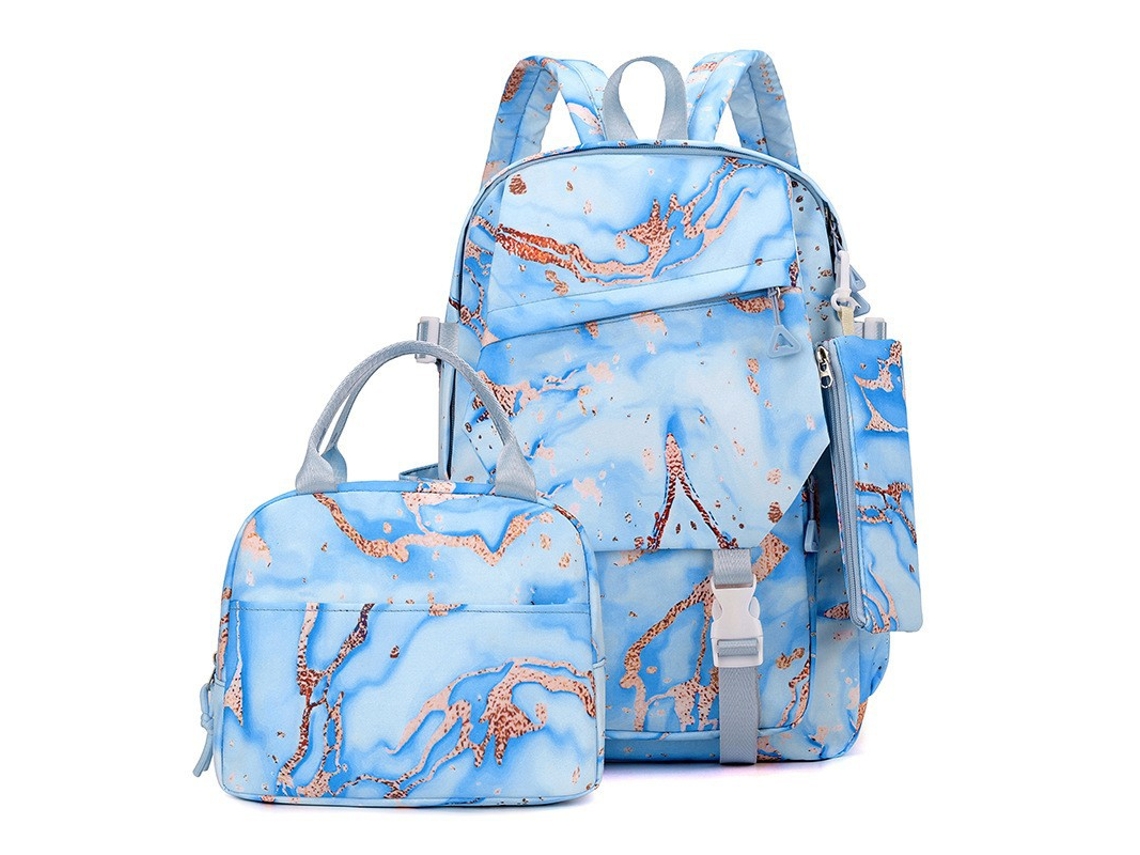 Mochila Escolar, Lancheira, Estojo, Mochila Escolar De Três Peças De Grande Capacidade, Azul