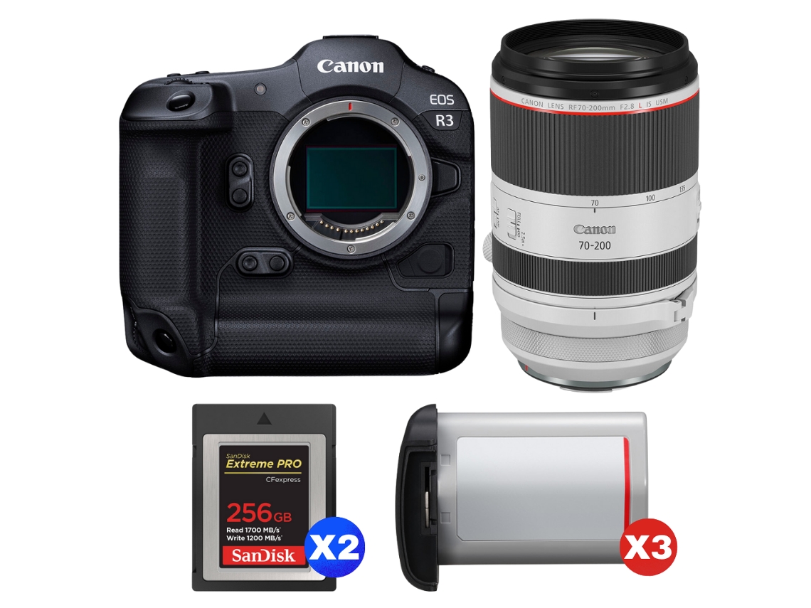 Eos R3 + Rf 70 200mm F/2.8 L Is Usm + 2 Sandisk 256gb Extreme Pro Cfexpress Type B + 3 Canon Lp e19 + Ebook Pricedirect CANON