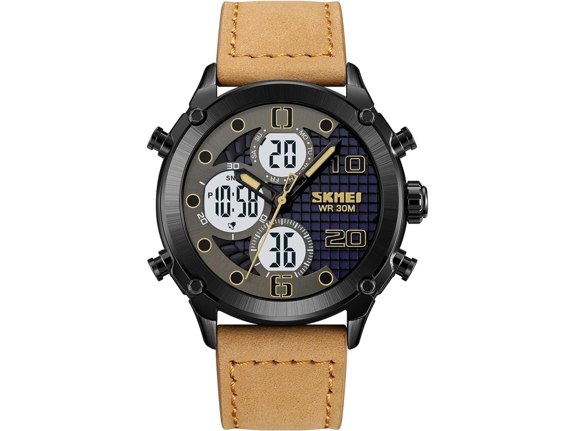 Lurelia Relógio Digital Masculino, Visor Digital, Cronómetro, Data/calendário, 12/24h, Luminoso, Aço Inoxidável, Couro, Resistente À Água 30m, Dourado