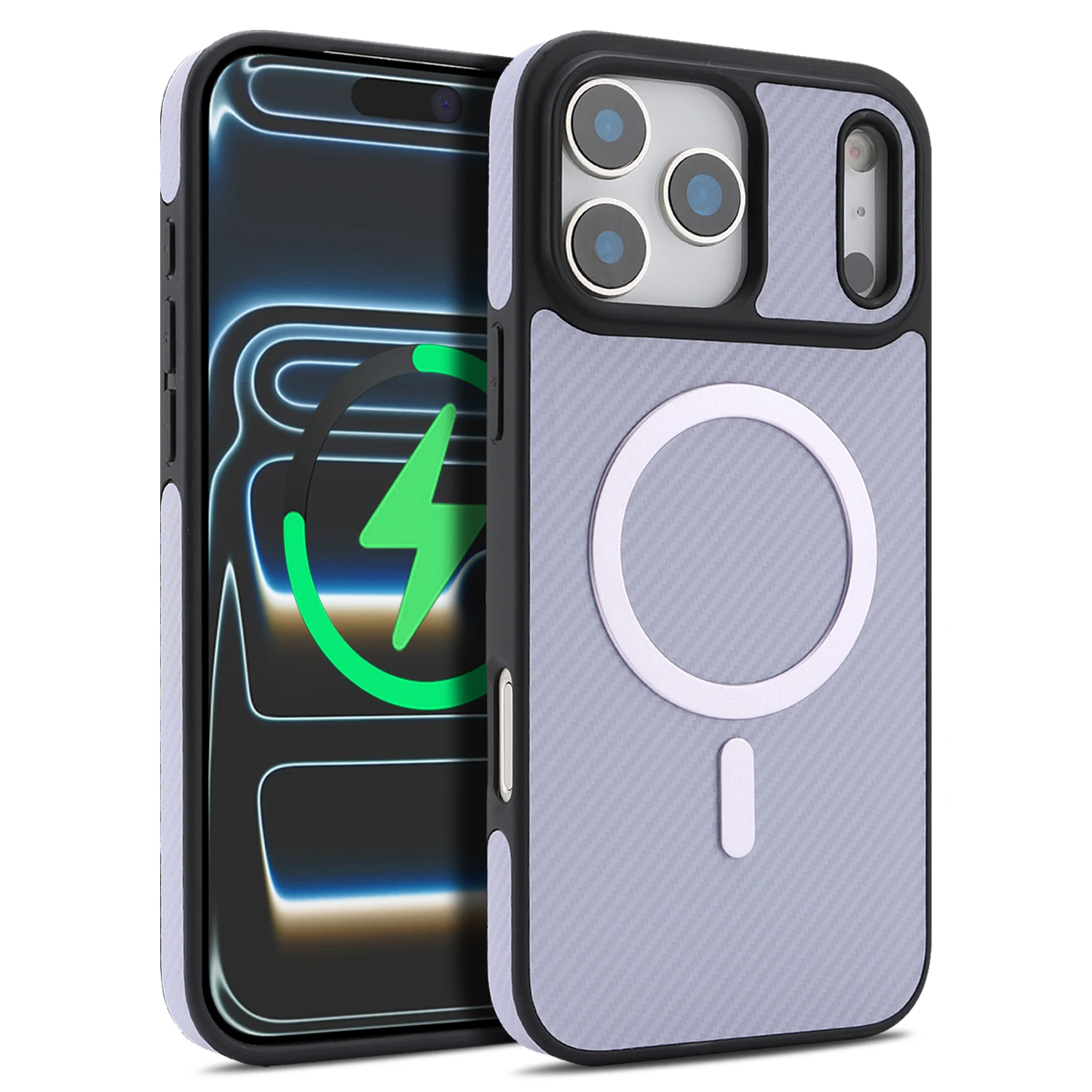 Capa Para Iphone 12 Pro Roxa Em Couro Com Fibra De Carbono, Magnética E Ultrafina.