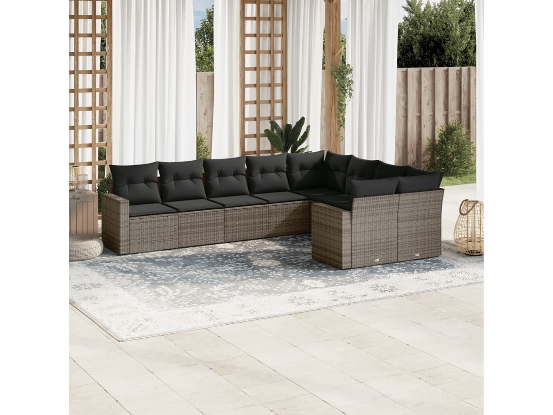 Vidaxl 9 Pcs Conjunto Sofás P/ Jardim Com Almofadões Vime Pe Cinzento