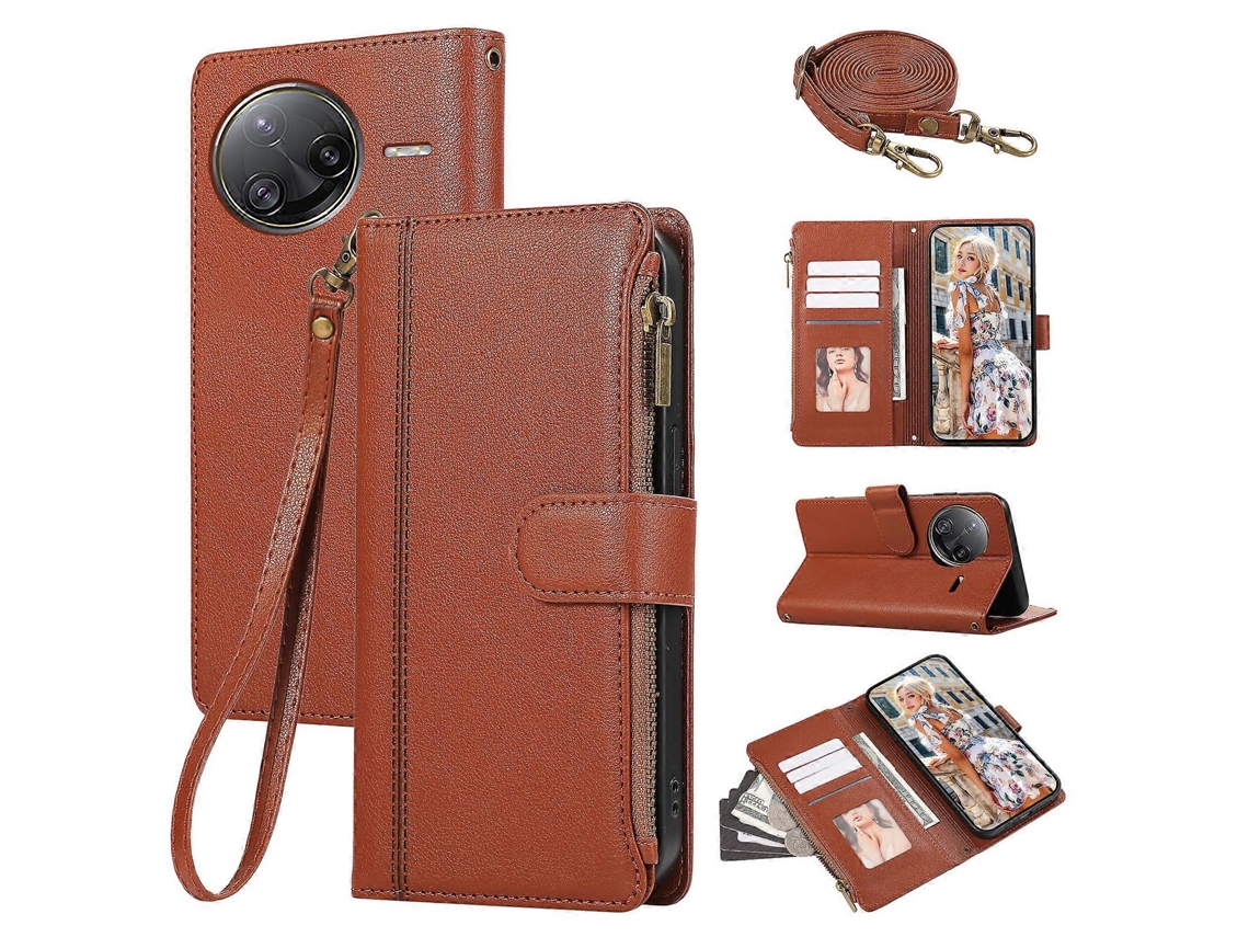 Capa De Couro Com Zíper E Alça De Ombro/pulseira Para Xiaomi Poco F7 Ultra 5g / Redmi K80 Pro 5g Com Vários Compartimentos Para Cartões