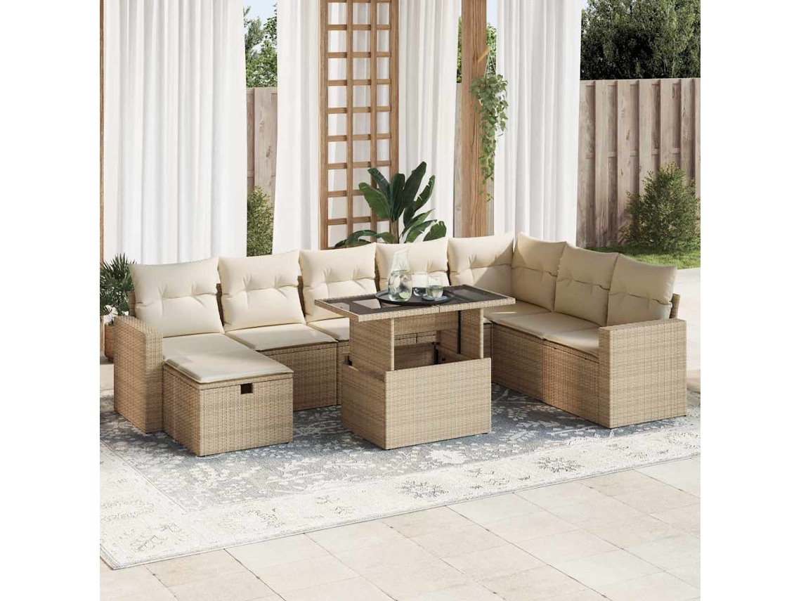 Vidaxl 9 Pcs Conjunto De Sofás P/ Jardim Com Almofadões Vime Pe Bege