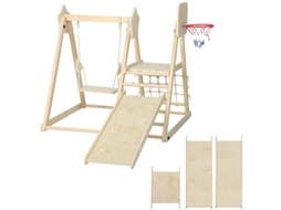 Escalador 5 em 1 Madeira Natural com Rampa, Balanço e Rede Cesto de Basquete Dobrável ZIWEI STORE