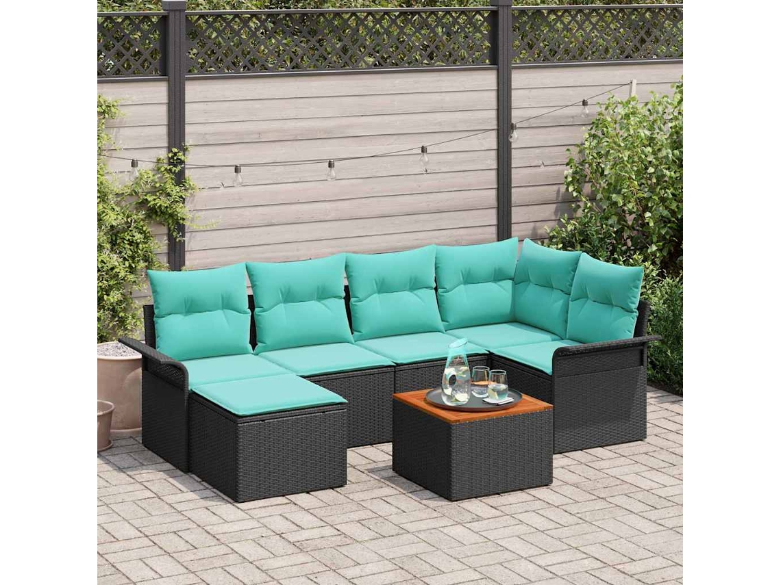 Vidaxl Conjunto De Sofá De Jardim 7 Unid. Preto E Turquesa Vime Pe