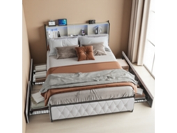 Cama de Madeira e Metal 160x200 Cm, Leds, Cabeceira Estofada, Gavetas, Tomada Europeu, SIMURQ