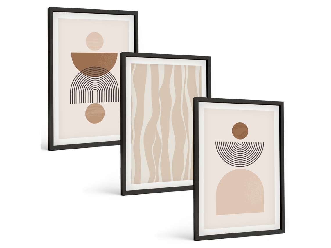 Composição De Quadros Formas Abstratas Em Marrom E Bege Moldura Preta Quadros Para O Escritório Espelharte (3 Piezas De 40x60 Cm)