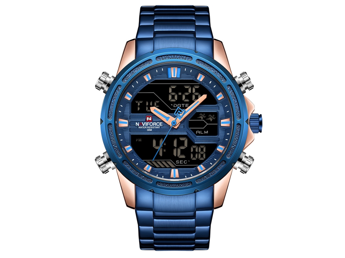 Relógio Masculino de Aço Resistente À Água com Movimento Eletrônico Rose Gold Case Blue