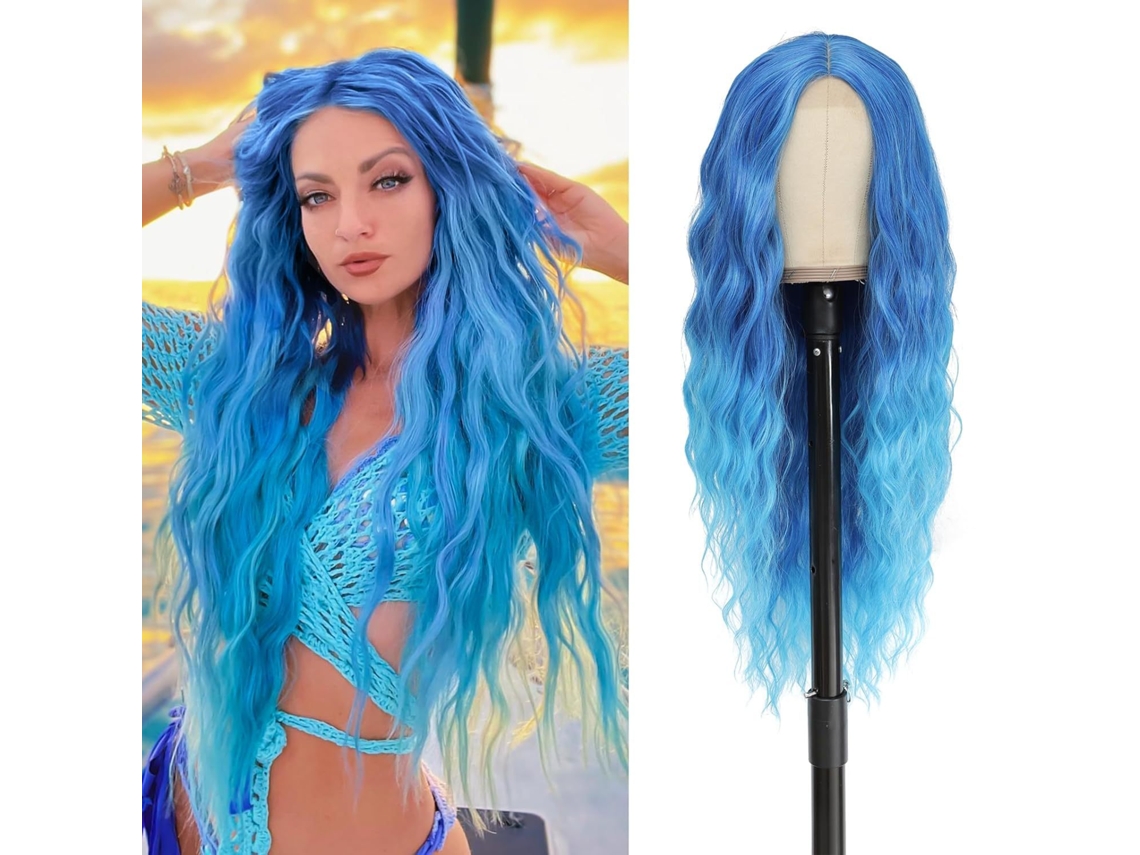 Peruca Feminina com Frente de Renda, Repartição Ao Meio, Cabelo Cacheado, Fibra Sintética.azul Vermelho/2513 YUNZII