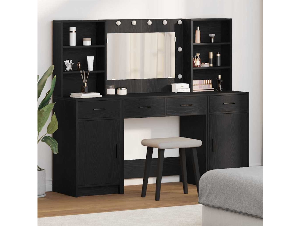 Vidaxl Conjunto De Mesa De Maquiagem Com Led 3 Unid. Carvalho Preto