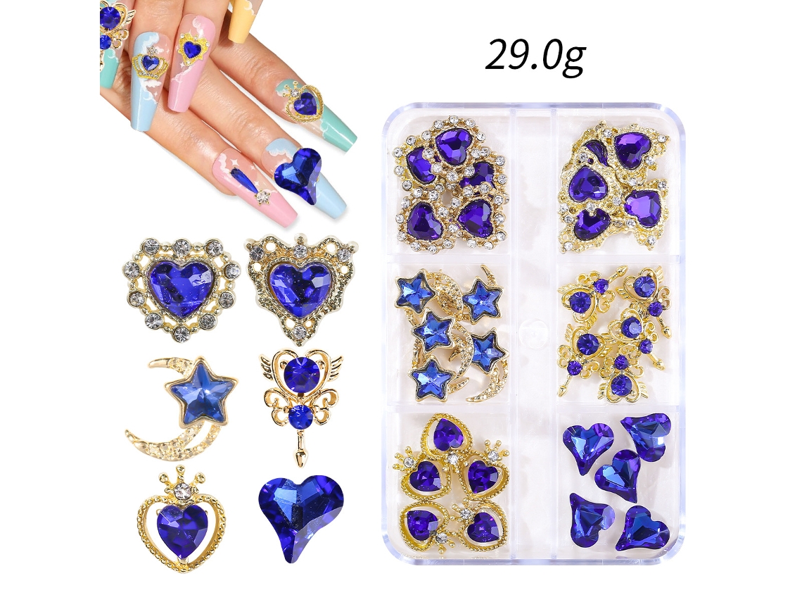 Conjunto de 6 Compartimentos para Decoração de Unhas, com Strass 3d em Acrílico, Azul Escuro. PANOONA
