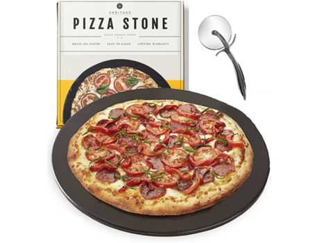 Sky Solutions 15 Pedra de cerâmica antiaderente para pizza, para forno, gás, churrasqueira e grelha Acessórios de cozinha com cortador e roda de pizza preta