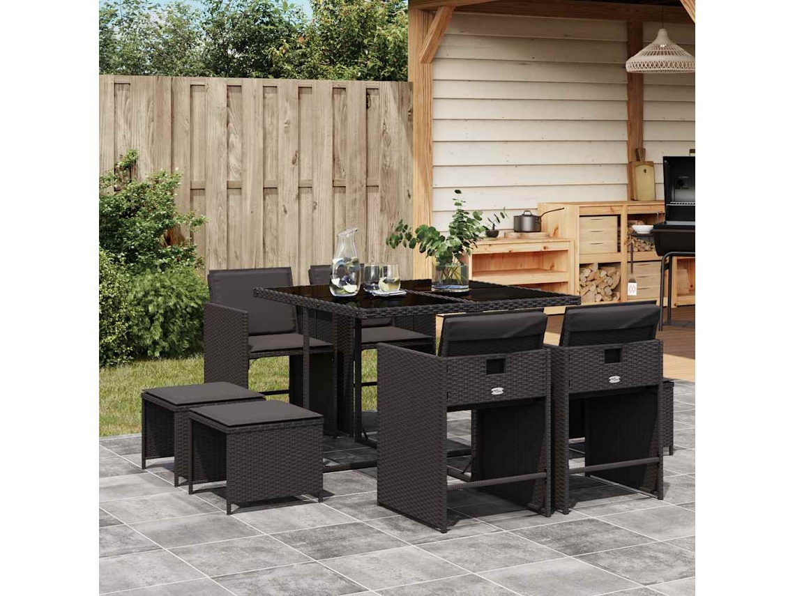Vidaxl 9 Pcs Conjunto De Jantar P/ Jardim C/ Almofadões Vime Pe Preto