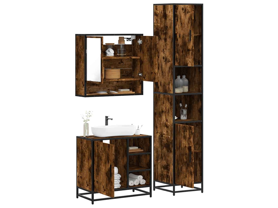 Vidaxl 3 Pcs Conjunto De Móveis Wc Madeira Processada Carvalho Fumado