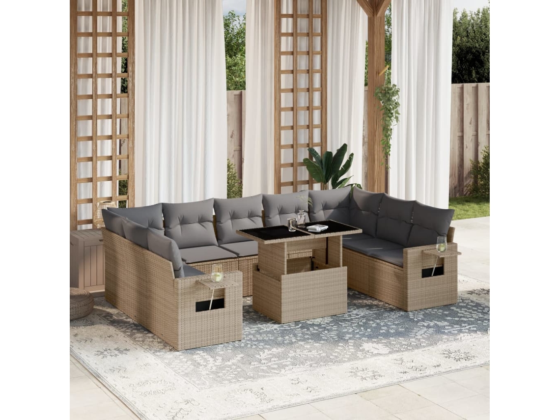 Vidaxl 10 Pcs Conjunto De Sofás P/ Jardim Com Almofadões Vime Pe Bege