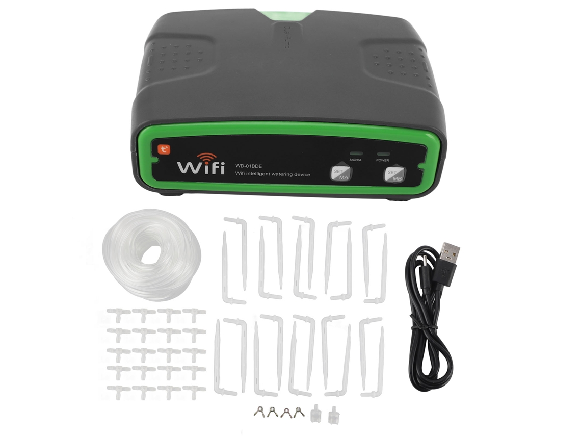 Sistema de irrigação automática com bomba dupla, controle remoto por aplicativo e Wi-Fi.