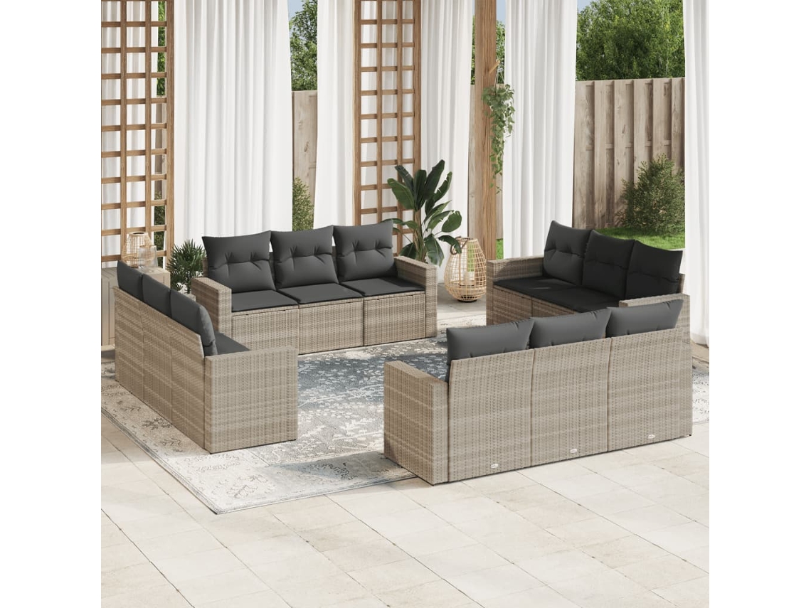 Vidaxl 12 Pcs Conj. Sofás Jardim Com Almofadões Vime Pe Cinzento-claro