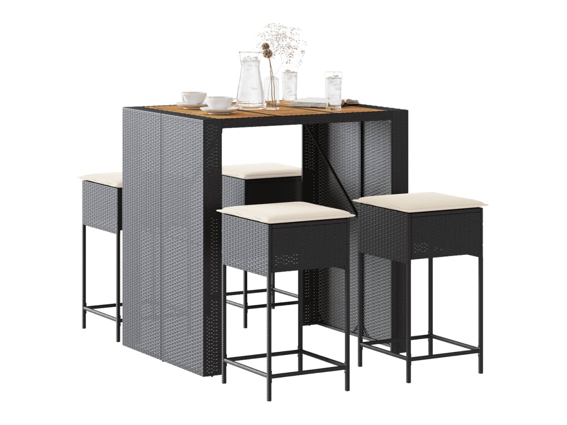 Vidaxl 5 Pcs Conjunto De Bar P/ Jardim C/ Almofadões Vime Pe Preto