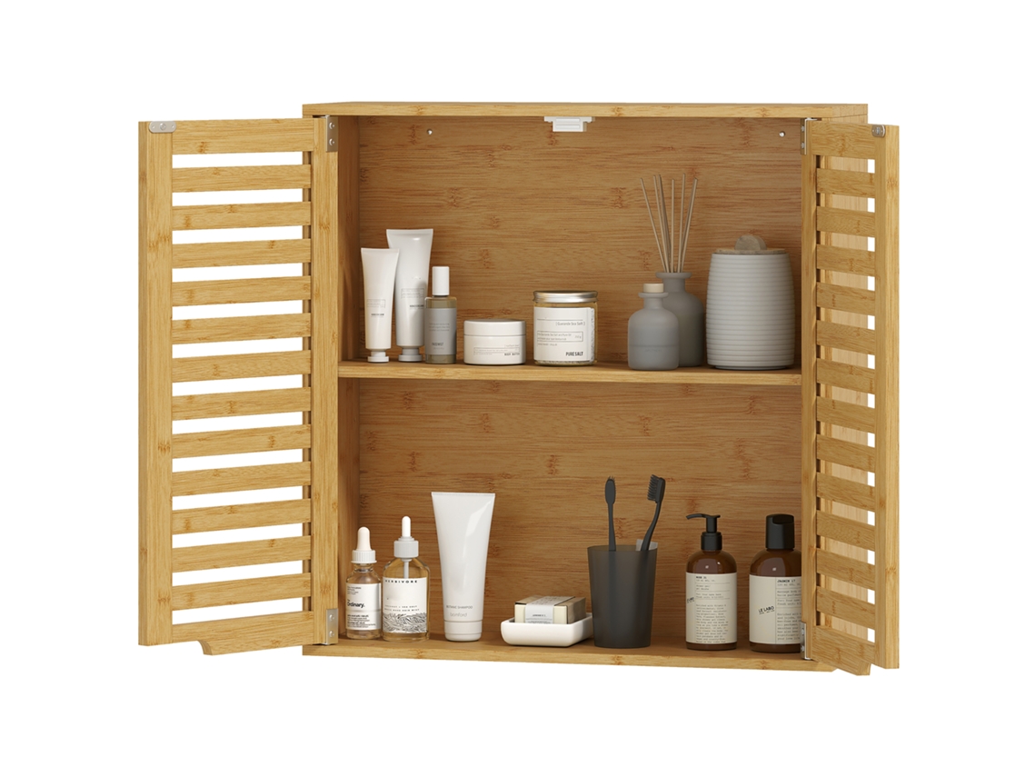 Armário de parede de bambu, 60x20x60 cm, suspenso, prateleira ajustável, portas ripadas | S/MARCA