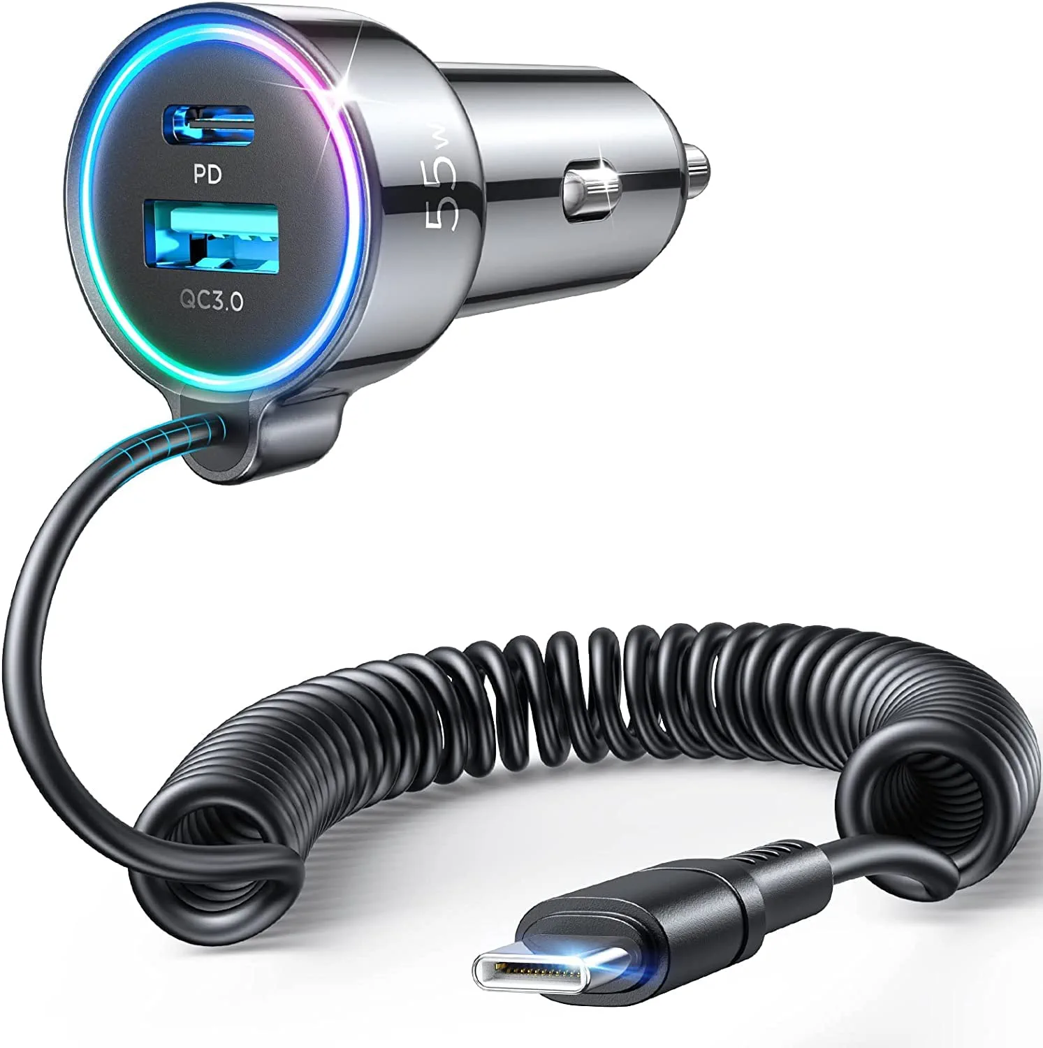 Usb C Car Charger 55w 3-ports Pd3.0 & Qc3.0 Super Fast Cigarette Lighter Usb C Plug With Fast Type C Coiled Cable Cigar Lighter Lefou*