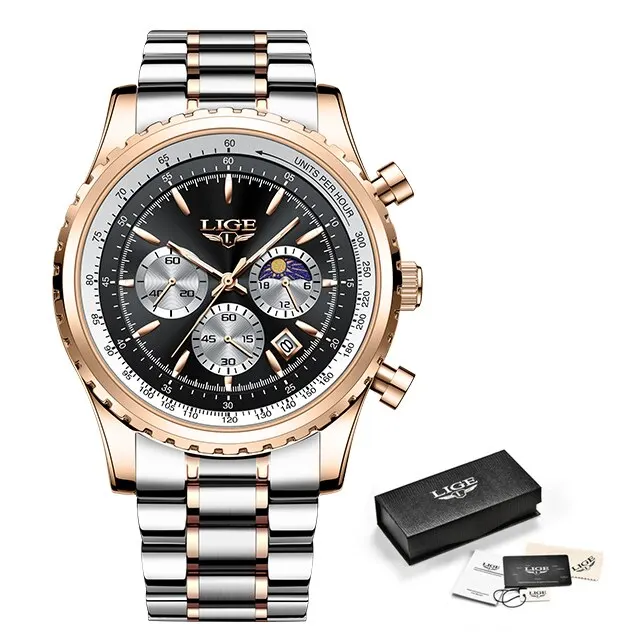 Relógio De Quartzo (dourado Rosa E Preto), À Prova D'água E Luminoso, Com Exibição De Data, Função Cronógrafo E Estilo Esportivo.