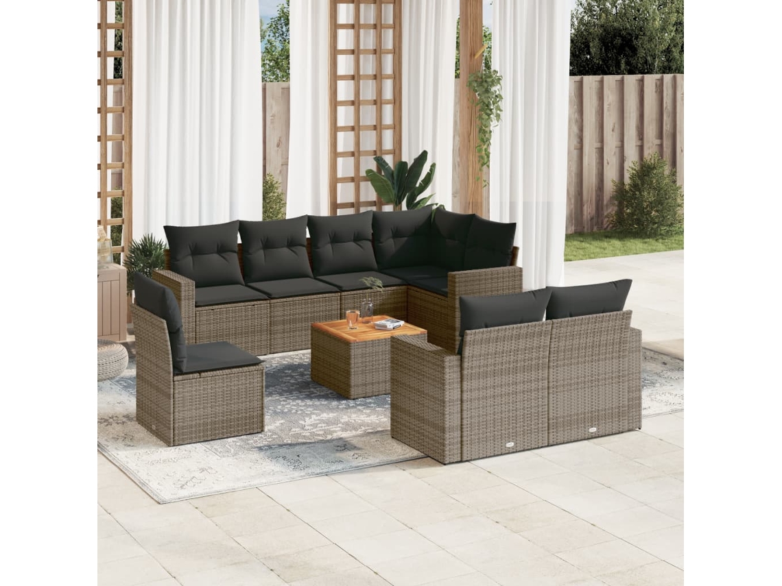 Vidaxl 9 Pcs Conjunto Sofás P/ Jardim Com Almofadões Vime Pe Cinzento