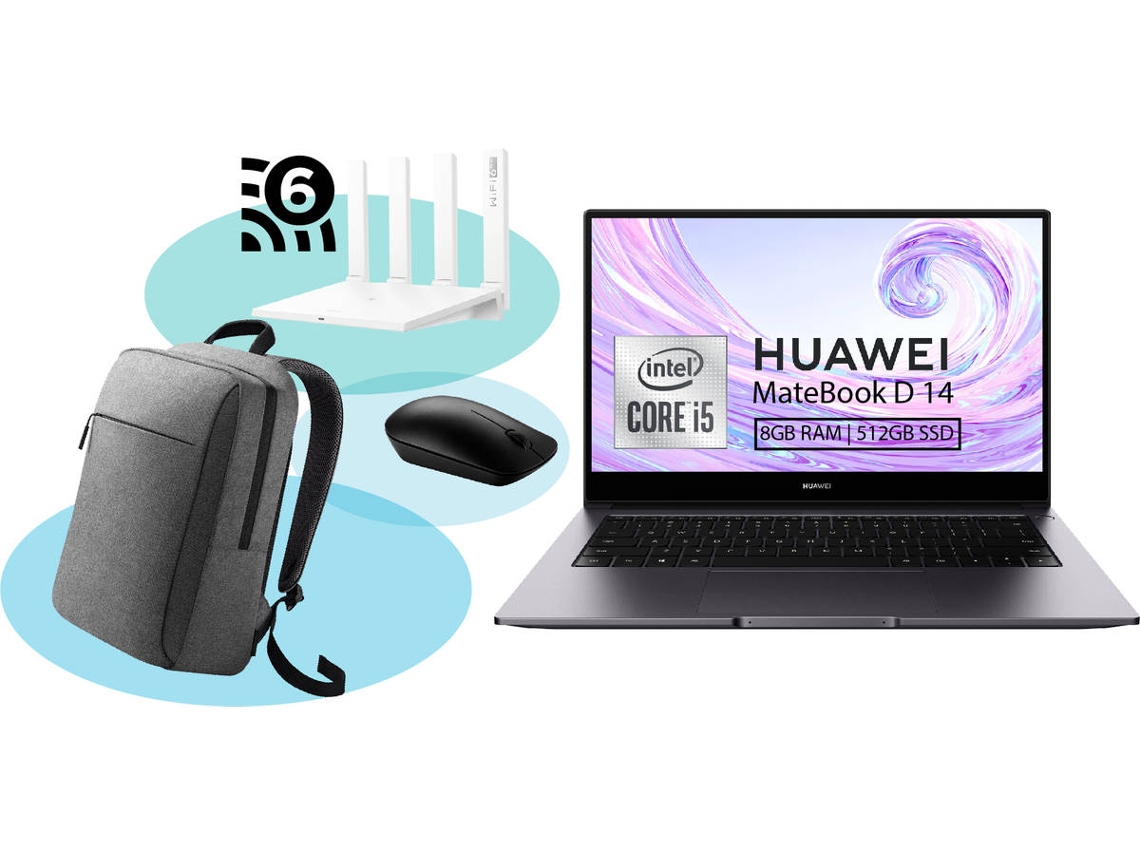 Pack HUAWEI Portátil MateBook D14 (14'' -  Intel Core i5 - 8 GB - 512 GB SSD) + Mochila + Rato + Router