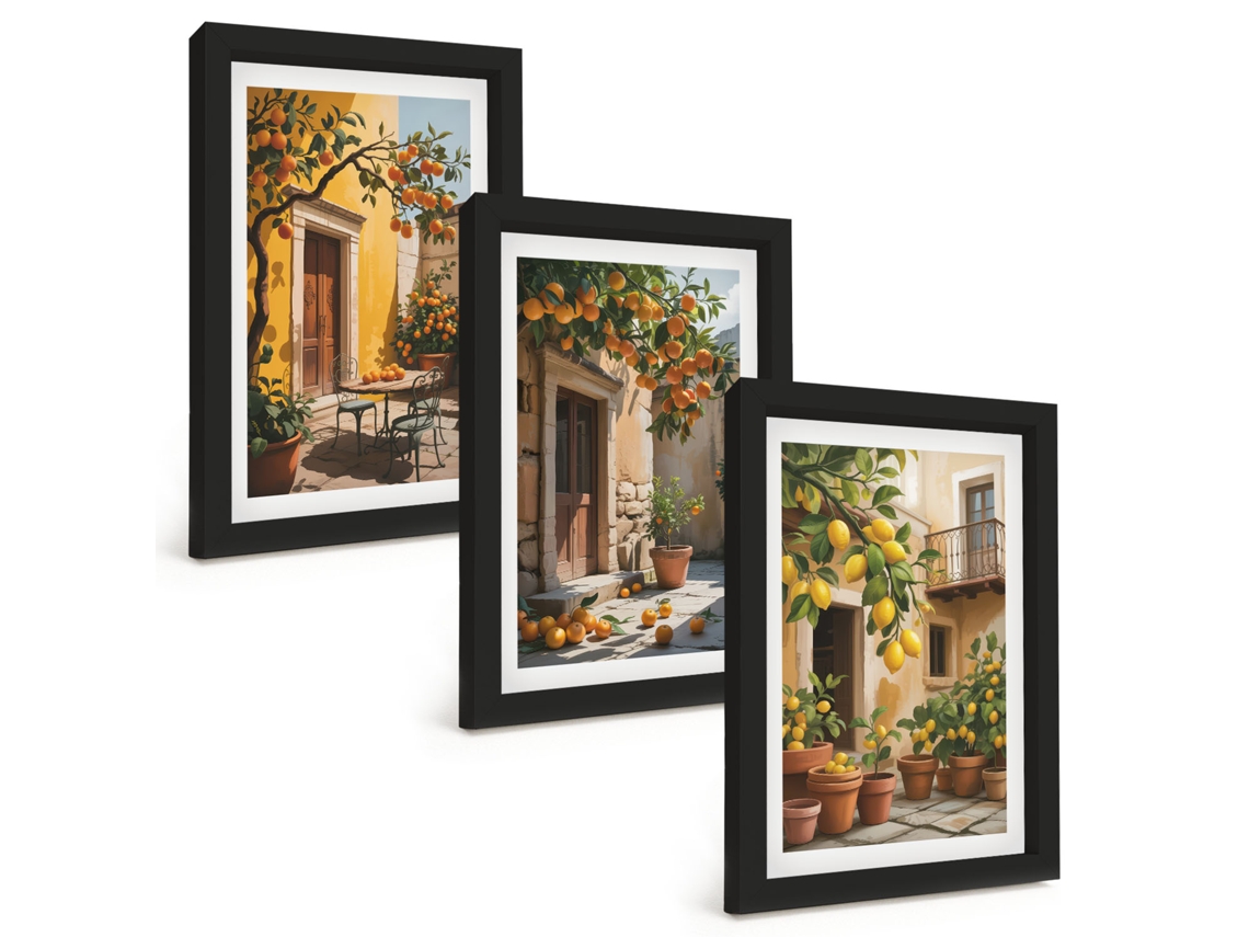 Pinturas Murais Modernaspátio Com Frutas Cítricas, Plantas Moldura Preta Fotos Para O Corredor Espelharte (3 Peças 20x30 Cm)