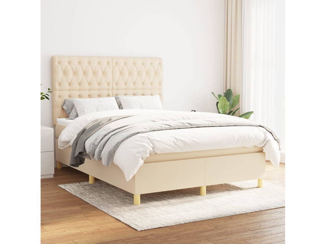 Vidaxl Cama Com Molas/colchão 140x190 Cm Tecido Cor Creme